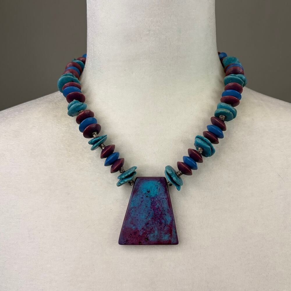 Art Deco Necklace Blue Purple Stone Pendant Artisan Made 16in